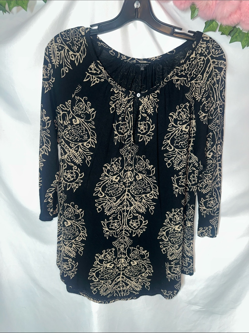 Lucky Brand Black Tunic with Cream Medallion Floral Print